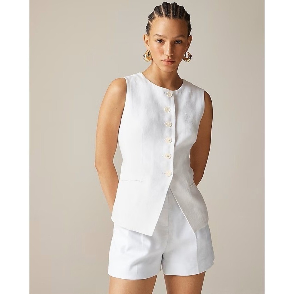 J. Crew Factory White Sleeveless Button Front Linen Vest
